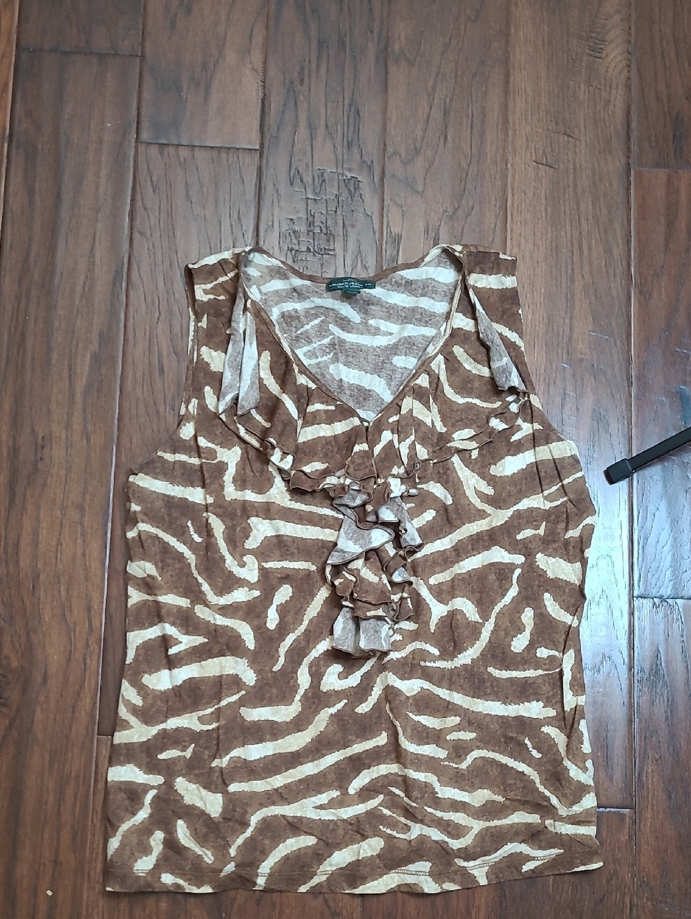 Lauren Ralph Lauren Brown & Cream Zebra Print Ruffle Sleeveless Top size Large